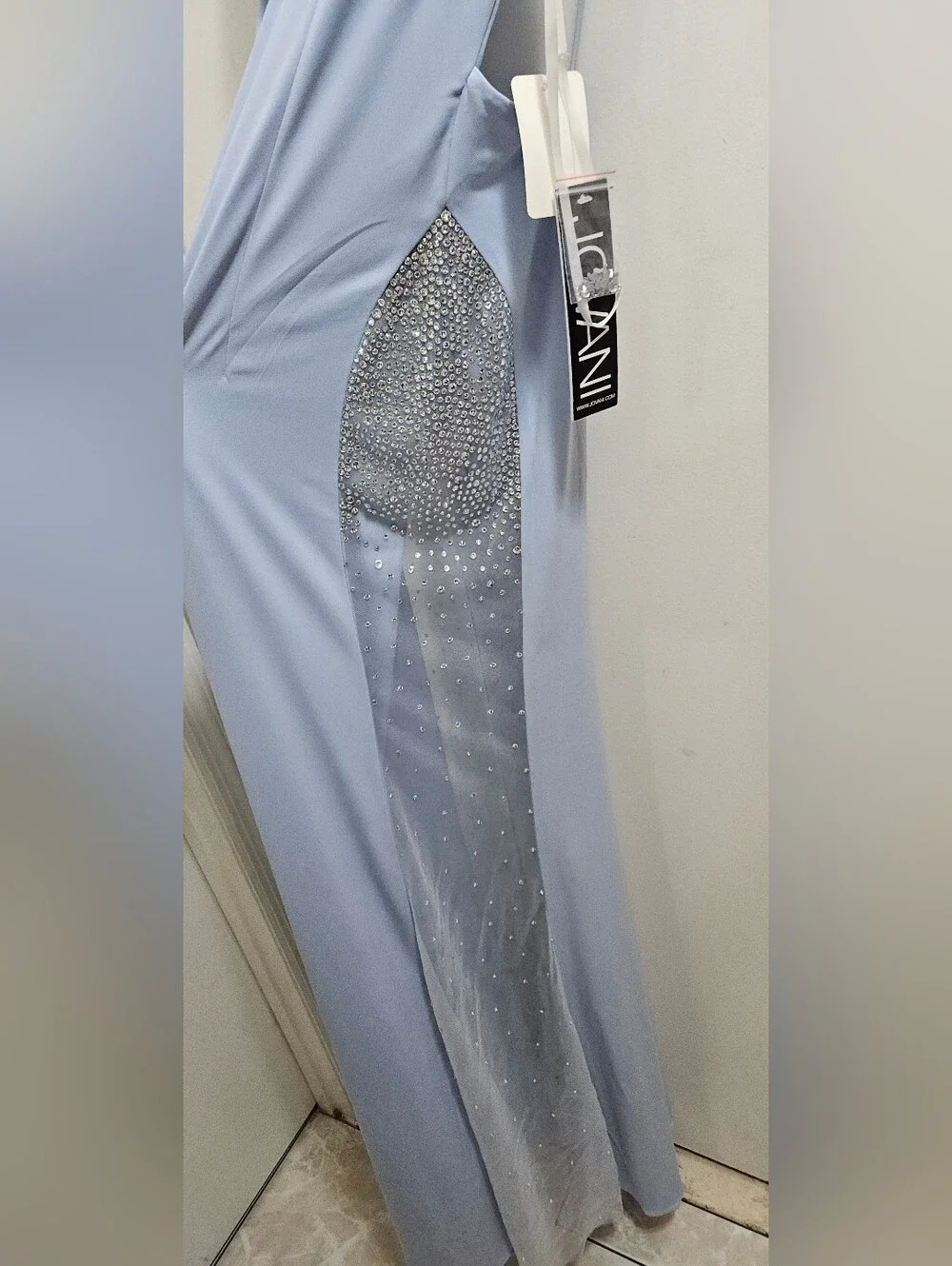JOVANI Light Blue Backless Evening Gown with Embellished Sheer Panels